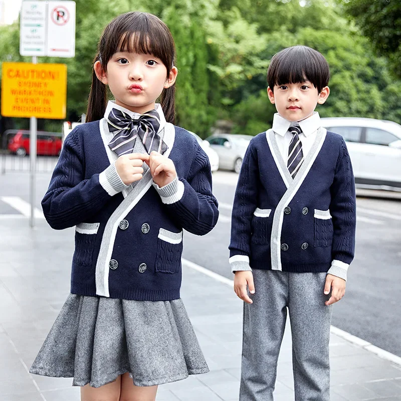 

England Style Kids Girls Knitted Cardigans Cotton Children Double Breasted Outerwear Coats Teenage Boy Navy Blue School Uniform