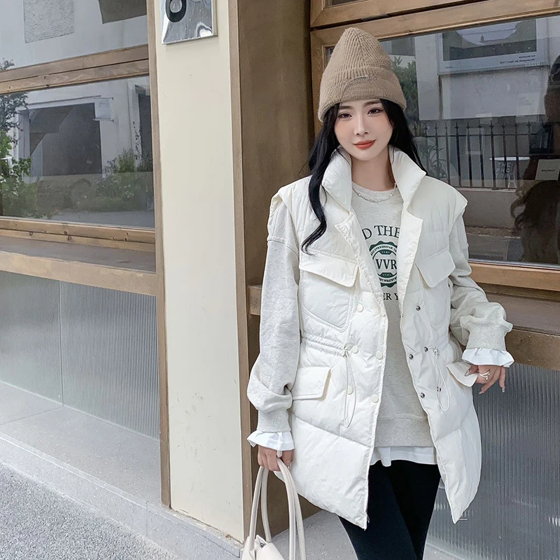 White Duck Down Jacket, Warm Undershirt, Standing Collar, Zipper, Loose, Elegant Vest, Tide, New, Fall and Winter