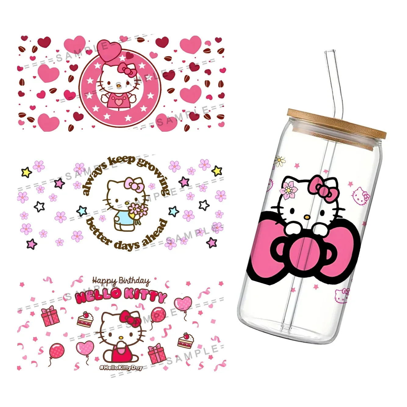 Sanrio Hello Kitty Cute Design UV DTF Printed Wrap Sticker for Cup Glass Can Waterproof 11x24cm 16oz Sticker