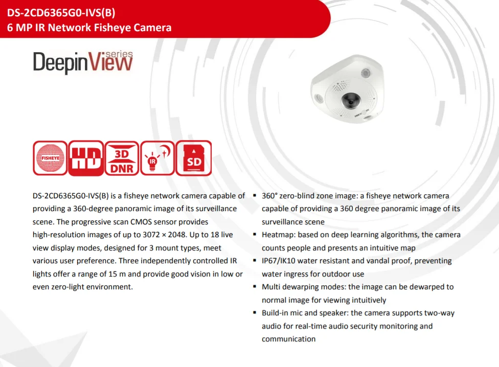 HK VISION CCTV Camera DS-2CD63C5G0-IVS Original Hik 12 MP IR Network Fisheye Camera DS-2CD63C5G0-IVS(1.29mm)(B) Built-in mic