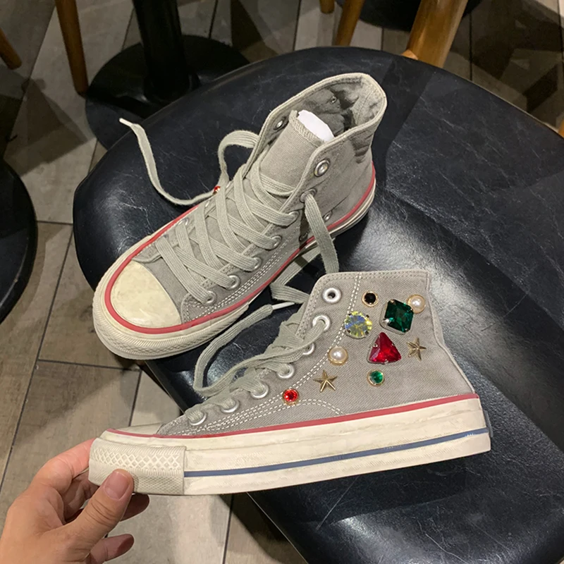 

New High-top with diamond Canvas Sneakers Lace-up Comfortable Shoes Fashion Outdoor Multi-functional Sports Canvas Shoes Fashion