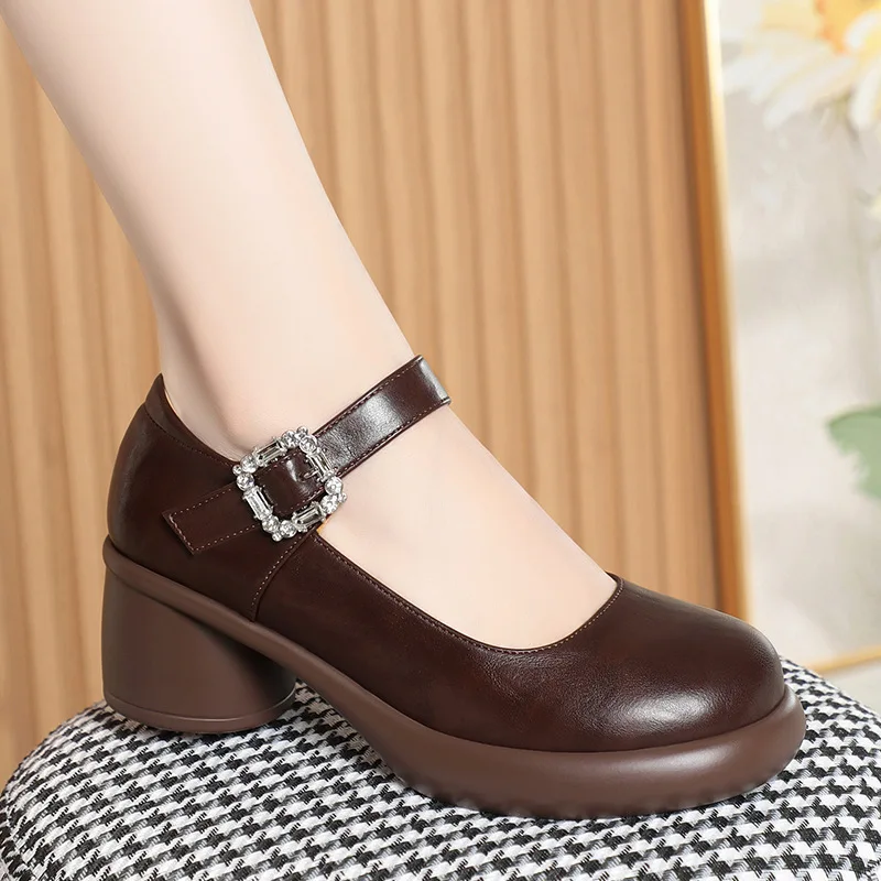 5.5 سنتيمتر الرجعية الفم الضحلة تنفس الجلود الناعمة ماري جينس أحذية منصة 2025 الخريف كتلة الكعوب أحذية مكتب أمي فستان يوميا