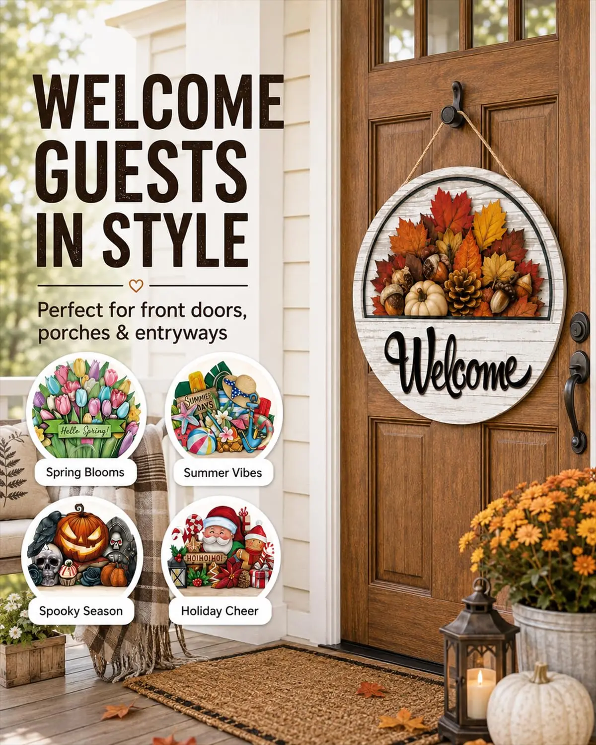 16 PCS Interchangeable11.8'' Magnetic Welcome Sign for Front Door,  with 16 Magnetic Icons, One Sign for Every Season for Gifts