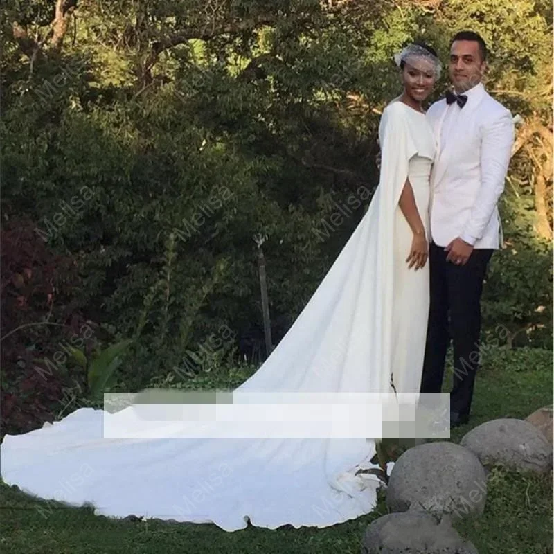 Maßgeschneiderte beliebte U-Ausschnitt Meerjungfrau Günstige Brautkleider Cape Chapel Garden Vintage schwarze Mädchen Brautkleider