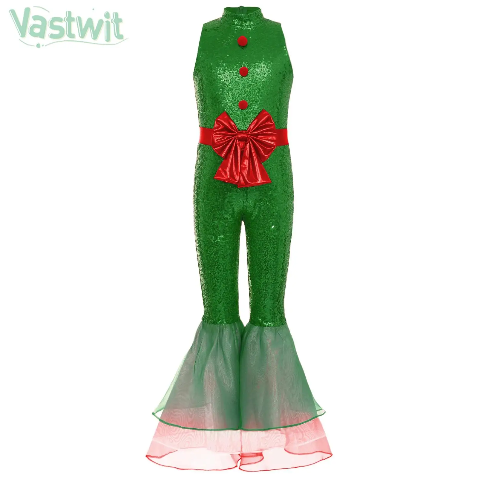 

Детский рождественский костюм для девочек без рукавов с блестящими пайетками и помпоном, бантом, танцевальный расклешенный комбинезон на Рождество, Санта-Эльф, косплей-вечеринка