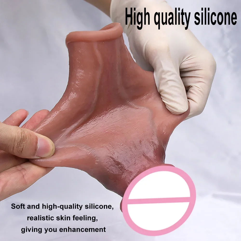 Male Extende Enlargement Penis Sleeve Reuseable Silicone Sex Toys Wolf Teeth Set Adult Male Silicone Set Couple Sharing Sex Toys