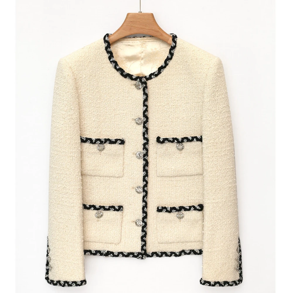 

2023 Spring Autumn France Style Elegant Women's High Quality Pockets O-neck Tweed Coat F095