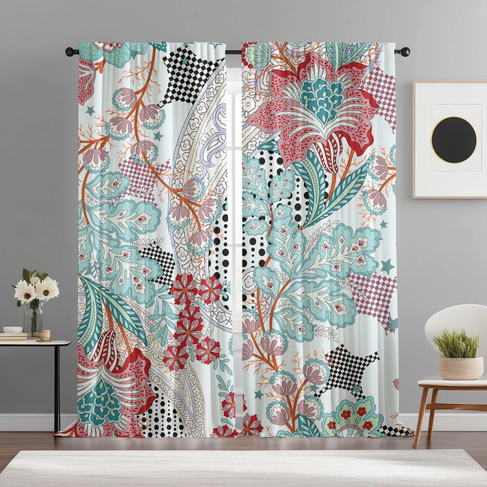 2pcs Boho Floral Geometric Curtains Turquoise Red Orange Black White Rod Pocket Polyester Light Filtering Modern Decor Living