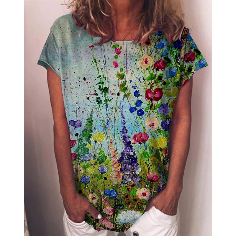 Women Crew Neck Short Sleeve T-shirt Oil Painting Wildflower Meadow Print Artistic Colorful Casual Loose Summer Tee