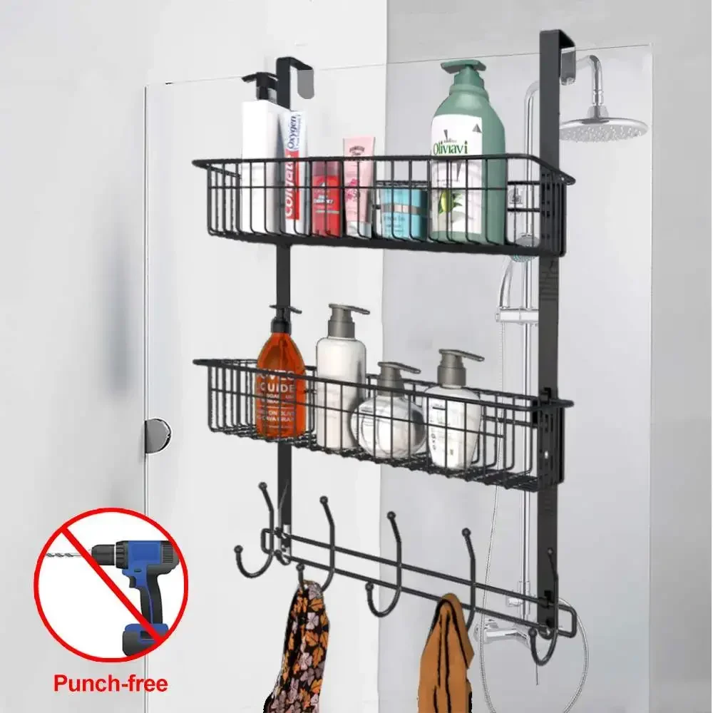 

Hanging Bathroom Storage Shelves Shower Glass Door Hook Shelves Nail-free Shampoo Basket Holder Bathroom Shelf Rack Organizer