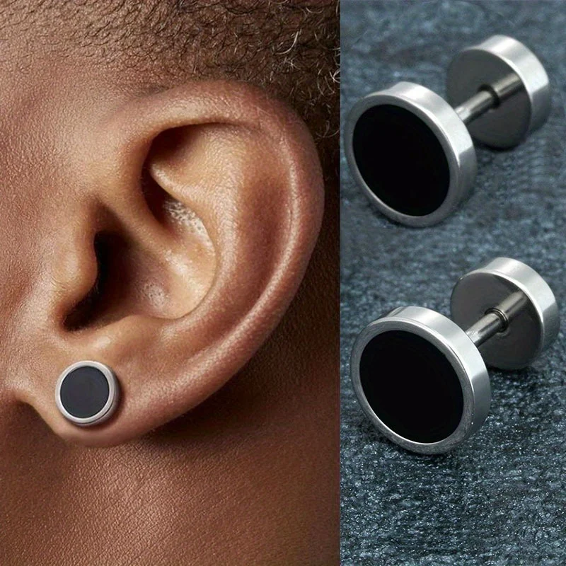 2pcs Unisex Punk Stainless Steel Simple Drip Oil Double Side Barbell Dumbbell Round Stud Earrings for Men Women Hip Hop Jewelry