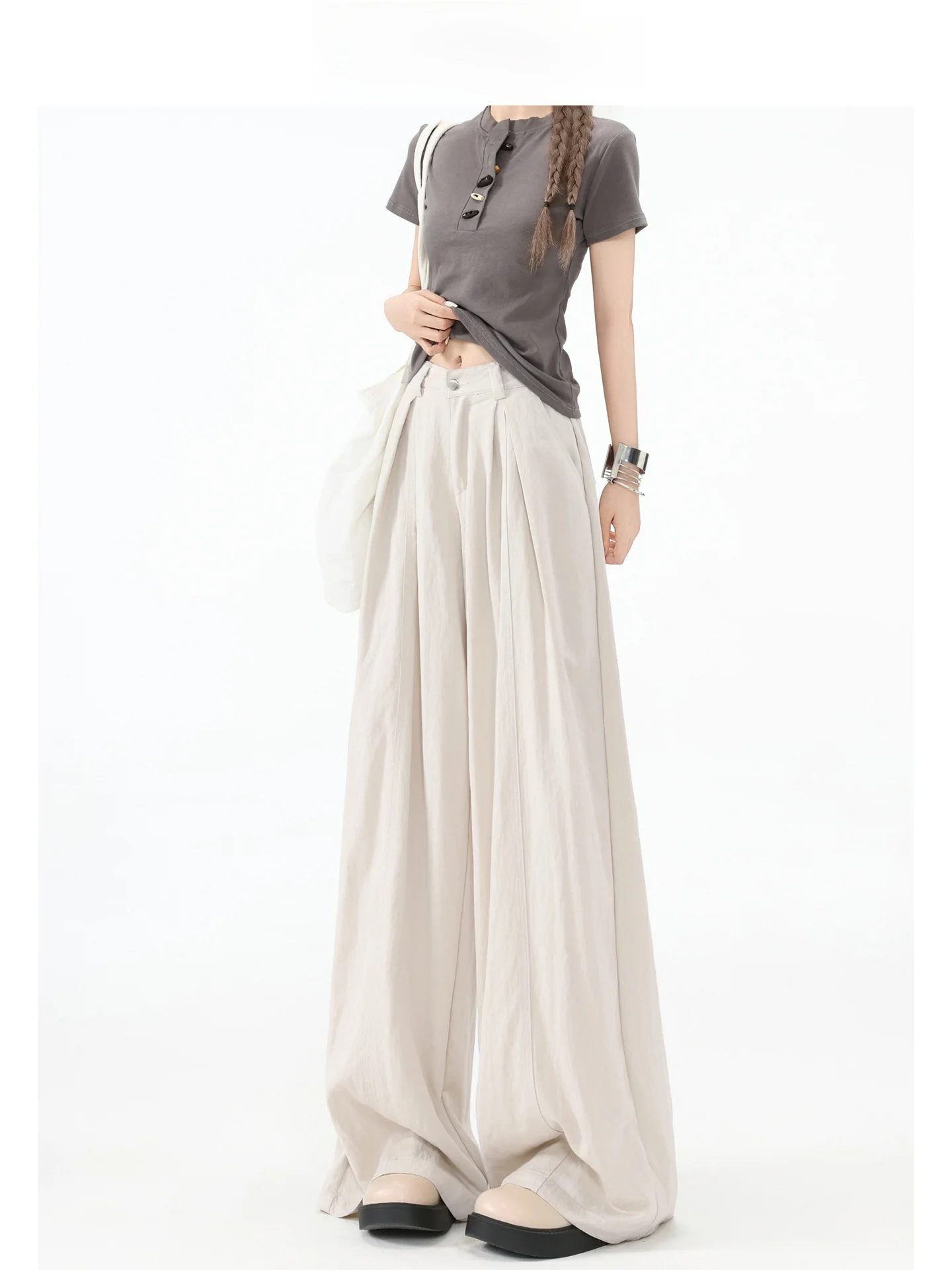 Forever 21 Pantalones casuales rectos de pierna ancha y cintura alta para mujer, nuevo estilo, pantalones largos adelgazantes con forma de pera, color gris claro