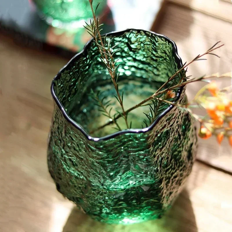 U11Glass Vase Pleated Roads Green Transparent Hydroponics Flower Vase Flower Arrangement Accessories Terrarium Home Decoration