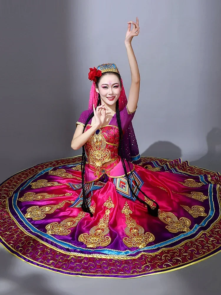 Trajes de danza de Xinjiang para mujer, estilo indio uigur, falda de prueba de arte de danza del vientre para chica india, conjunto de dos piezas