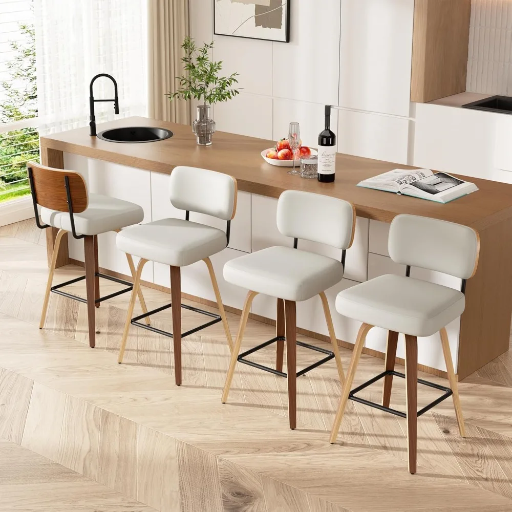 

Swivel Bar Stools Set of 4, 26" Upholstered Faux Leather Counter Height Barstools with Walnut Back & Bentwood Legs, Mid Century