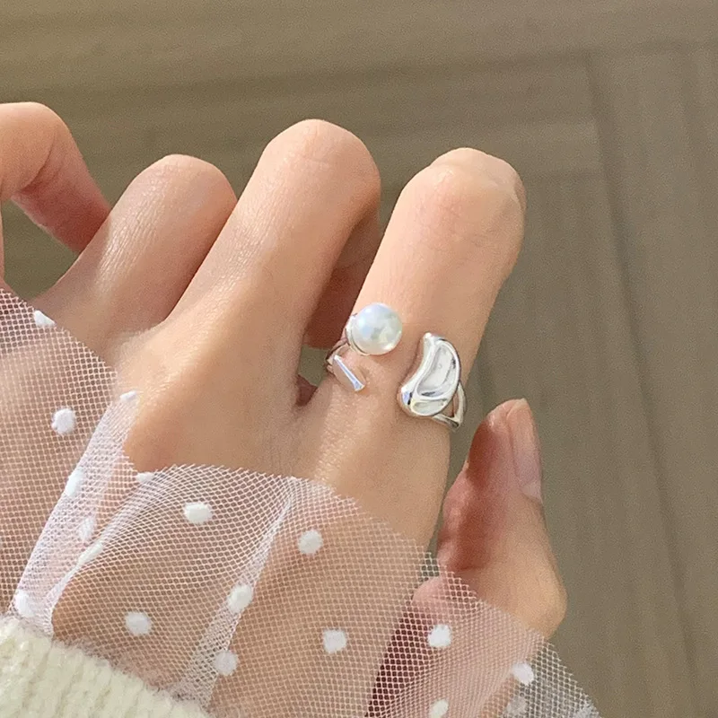 PANJBJ 925 Sterling Silber Perle Unregelmäßigen Ring für Frauen Shell Überlappende Hohl Süße Design Schmuck Geschenk Dropshipping – Detail 27