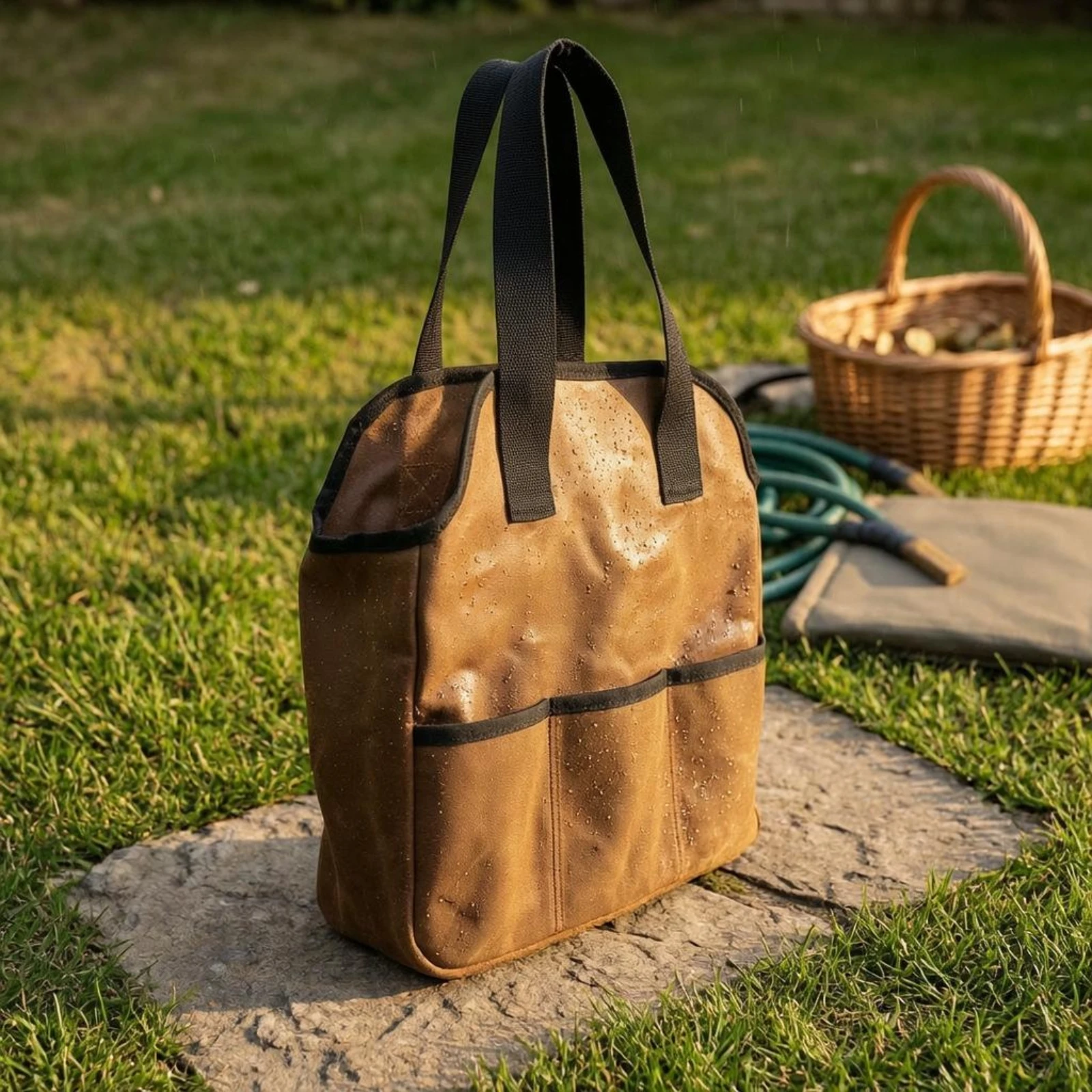 Garden Tool Bag Structured Waxed Canvas Tool Bag Rectangular Abrasion Resistant for Gardeners