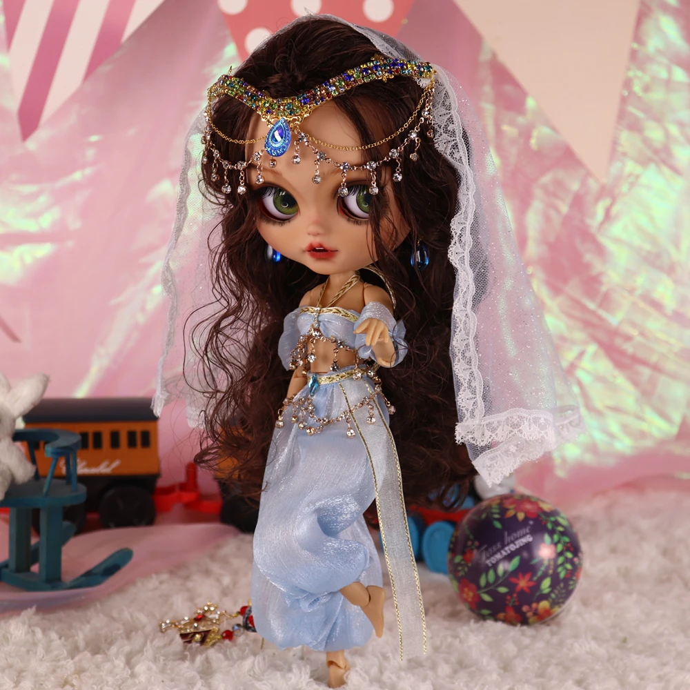 

ICY DBS Blyth Doll Fair Skin Matte face Princess Jasmine Makeup Exotic Beauty Blue Sari Dress 30cm Doll Festival Birthday Gift