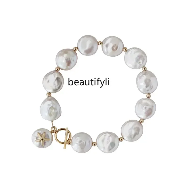 L11 yj Super Fine Strong Light Button Freshwater Pearl Starfish Brace Lace Bracelet 4K Gilded