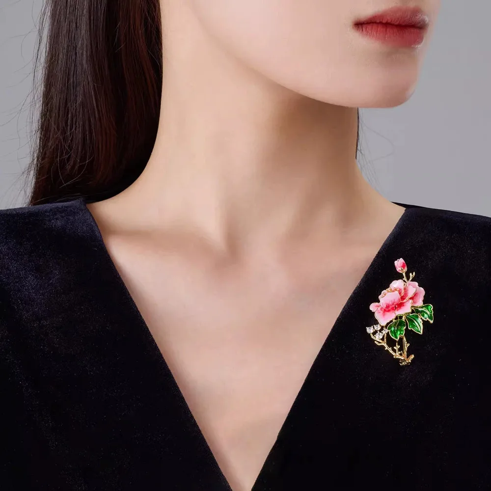 Ajojewel Enamel Pink Red Peony Brooch Chinese Traditional Rhinestone Cloth Pin Hanfu Jewelry Accessories Unique Gift For Woman