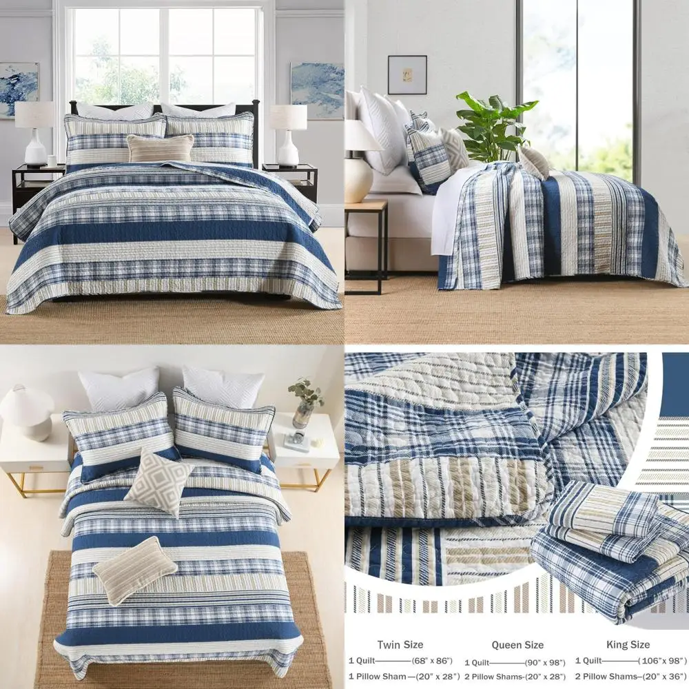 

Blue and White Striped Queen Comforter Set with Tan Plaid Stripes - Farmhouse Style Bedding Quilt