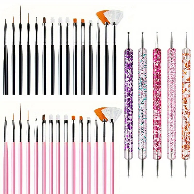 20PCS Nail Art Brush Design Tip Painting Drawing Carving Dotting Pen FlatFan Liner Acrylic Gel UV Polish Manicure Tools