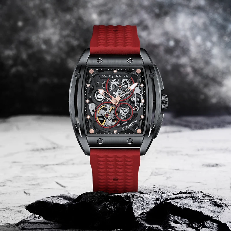 WM Watch WellyMerck Automatic Mechanical Watches Man Skeleton Stainless Steel Sapphire Crystal Tonneau Watch WM083