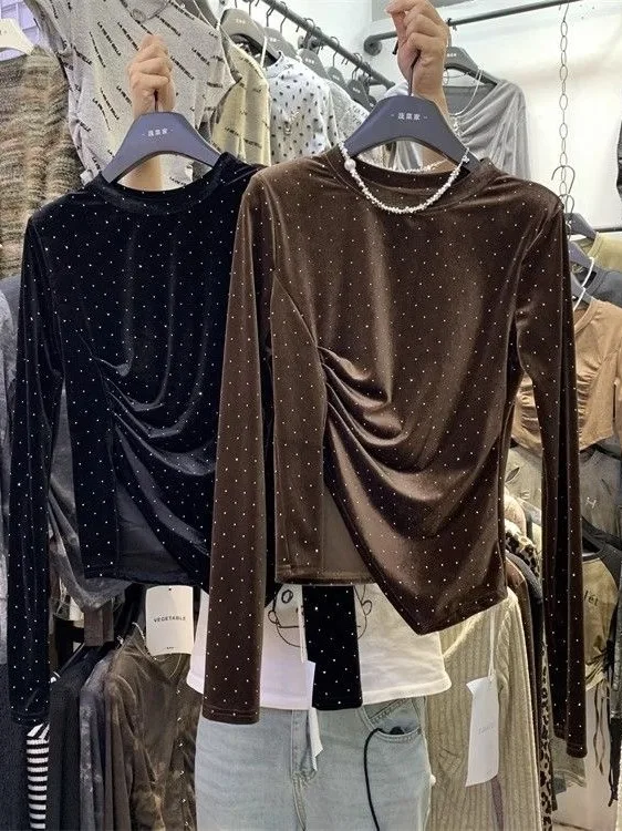 

Korean Sle Long Sve Velvet Base irt Women's Autumn Winter New Sle Asymmetric Slimming Faionable Inner Wear Top