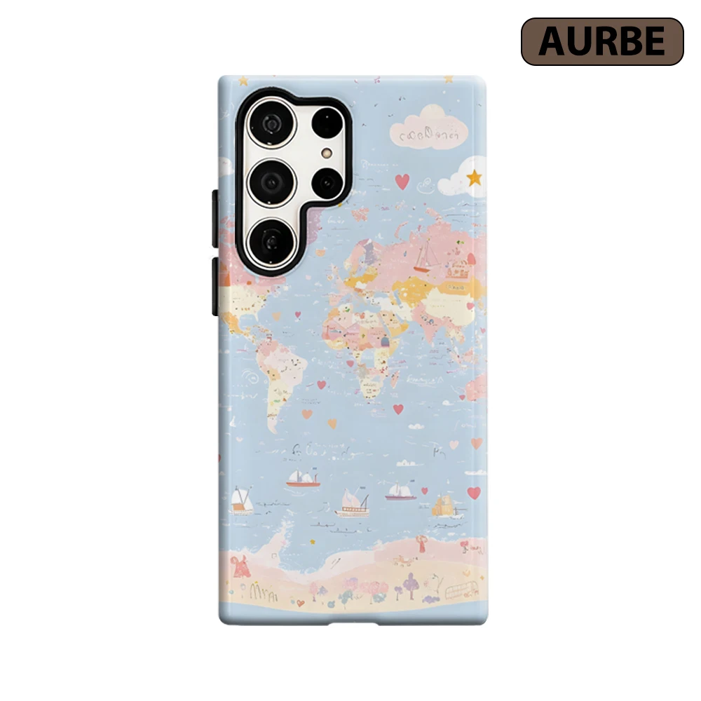 Love World Map Phone Case for Samsung Galaxy S26 S25 Ultra S24 S23 Ultra Plus Shockproof Double Layer Tough Back Cover