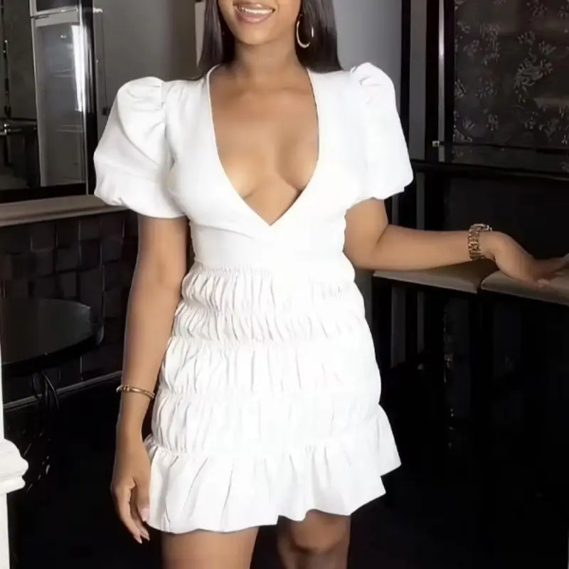 Elegant Pleated Short Skirt V-Neck Slimming Bubble Sleeve Waist Cinching Women's Fashionable Sexy Short Sleeve Dress