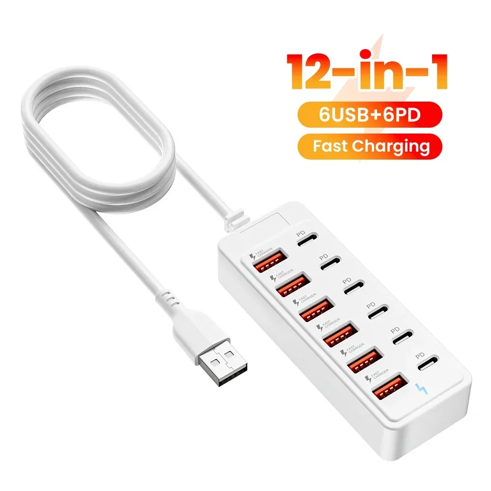 12-in-1 fast charging plug-in board USB-C desktop charging station Type-C multi-port charger suitable for iPhone/Samsung/Huawei
