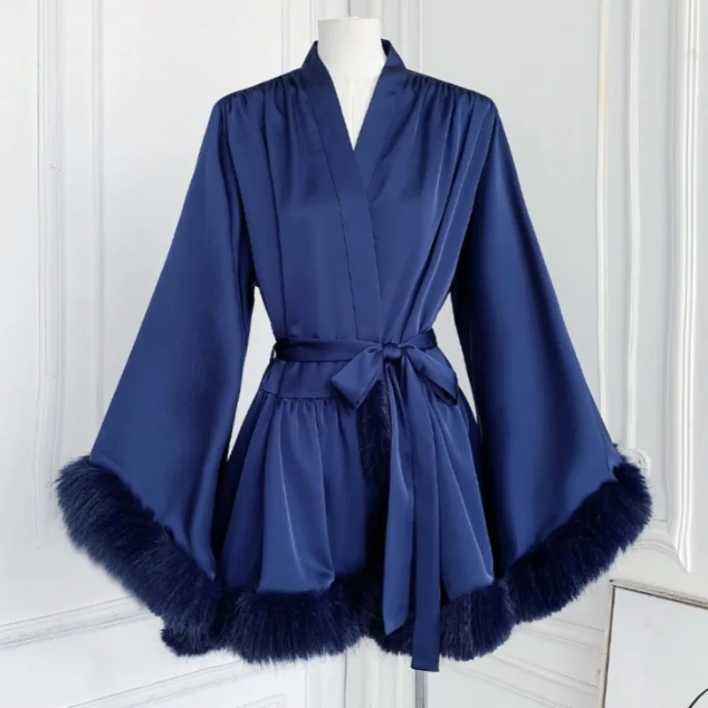 블루 새틴 드레스 여성 레이스업 브이넥 우아한 베스티도스 바디콘 긴 소매 루즈 스트리트웨어 미니 의류 여성용