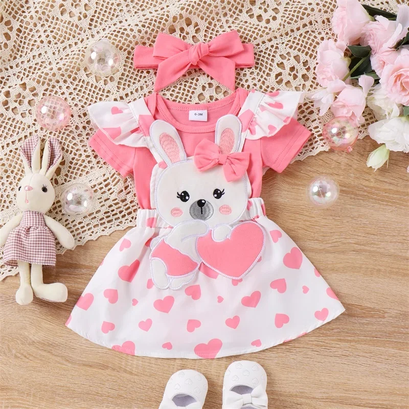 

Baby Girl 3 Piece Easter Set Short Sleeve Romper Rabbit Patch Heart Print Suspender Skirt 3D Bow Headband Infant Outfit