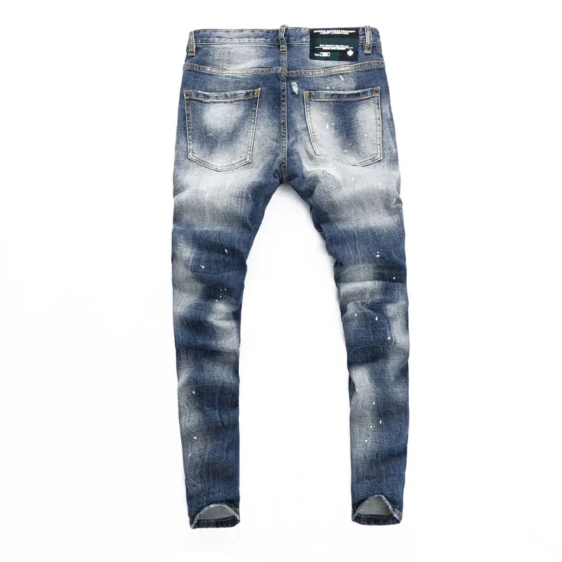 Fashionable New Men's Jeans Retro Blue Scratched Painted Stretch Slim Fit Washed Outdated Jeans High Street Designer Hip Hop Bra