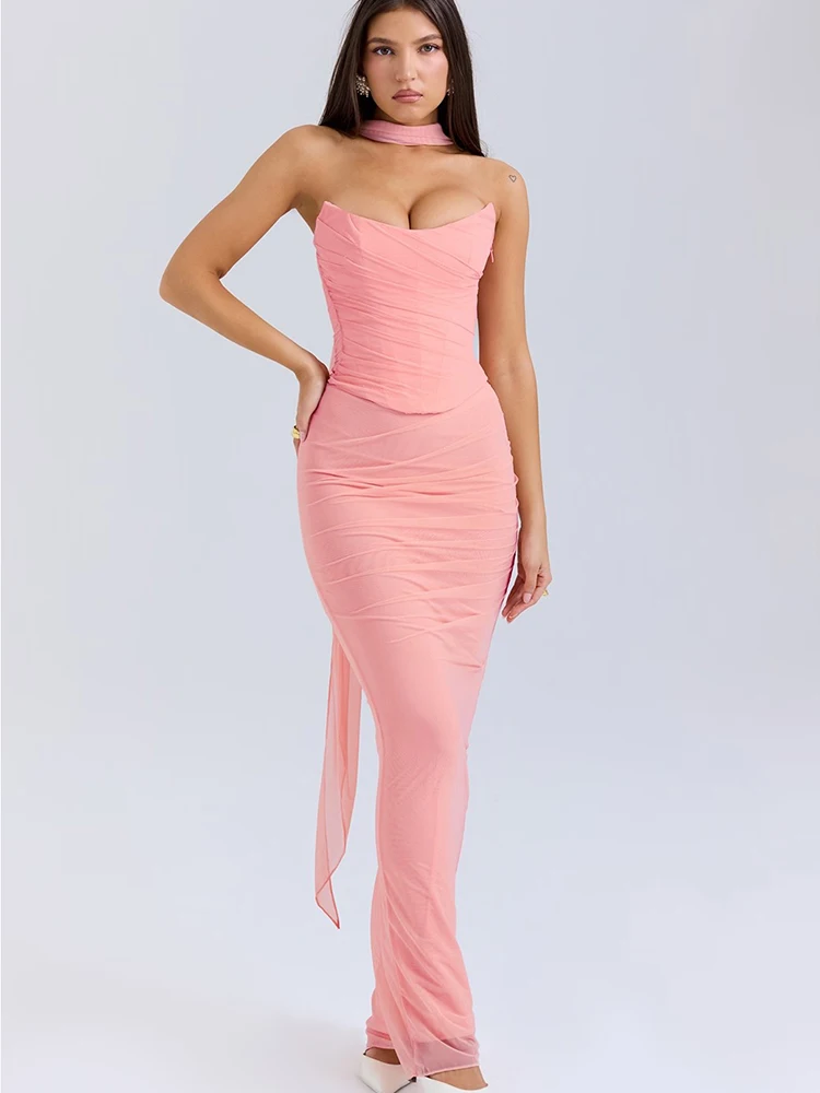 JULISSA MO Sexy Strapless Scarf Mesh Women Skirt Suit Pink Off Shoulder Top Long Skirt Autumn Skinny Elegant Two Piece Sets 2024