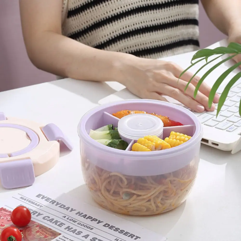 

With Sauce Box and Fork Round Salad Box Compartment Microwavable Fresh-keeping Box Sealed Food Grade PP Lunchbox School