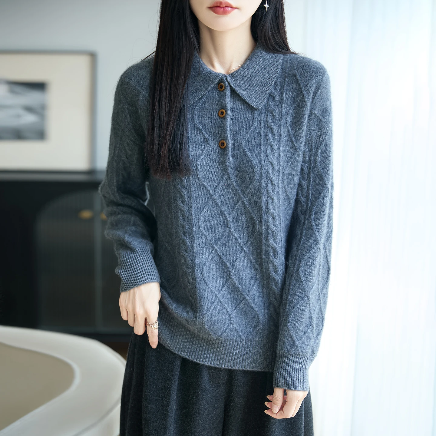 100% pure wool sweater knitted sweater women's lapel button thickened knitted sweater diamond jackard loose cashmere sweater