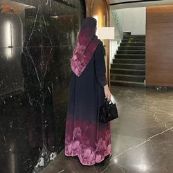 Donne musulmane stampa Abaya con sciarpa 2 pezzi Set Eid Abayas Cardigan Casual abito lungo caftano Party Ramadan modesto caftano 2024