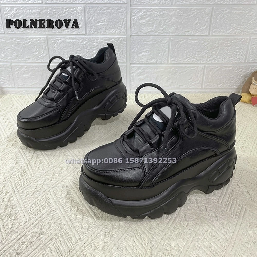 

Platform Lace Up Black Pumps Round Toe Thick Sole Patchwork Casual Chunky Sneakers Height Increasing Female Shoes 2024 Spring