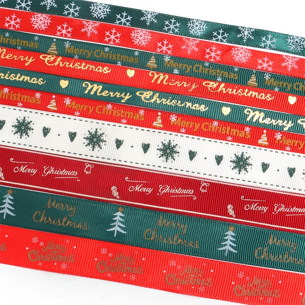 10yards/roll Christmas Decoration Ribbon Red Green Printed Christmas Polyester Ribbon For DIY Cake Gift Packaging Accessories