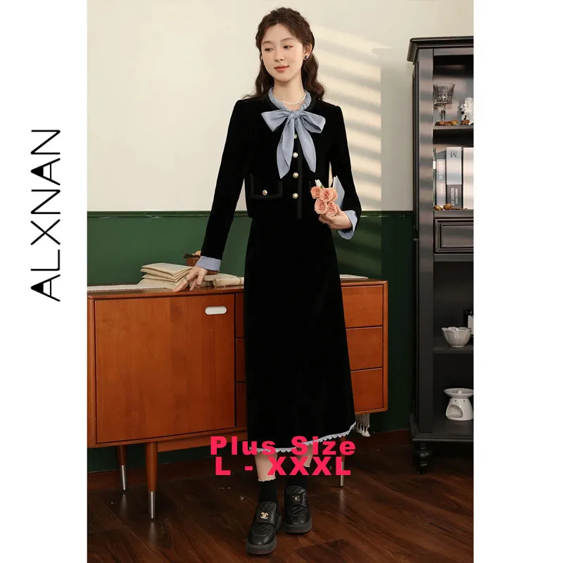 ALXNAN Plus Size Women's Velvet Skirt Casual A-line 2026 Spring New Fashion Solid Simple Elegant Skirts Ladies Clothes D00933BQ