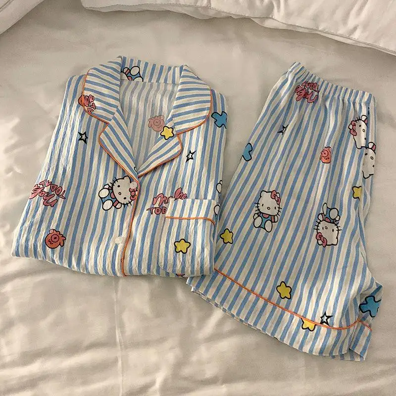 New Kawaii Anime Sanrio Hellokitty Pajamas Summer Striped Pure Cotton Short Sleeved Three Piece Set Leisure Wear Gift For Girls