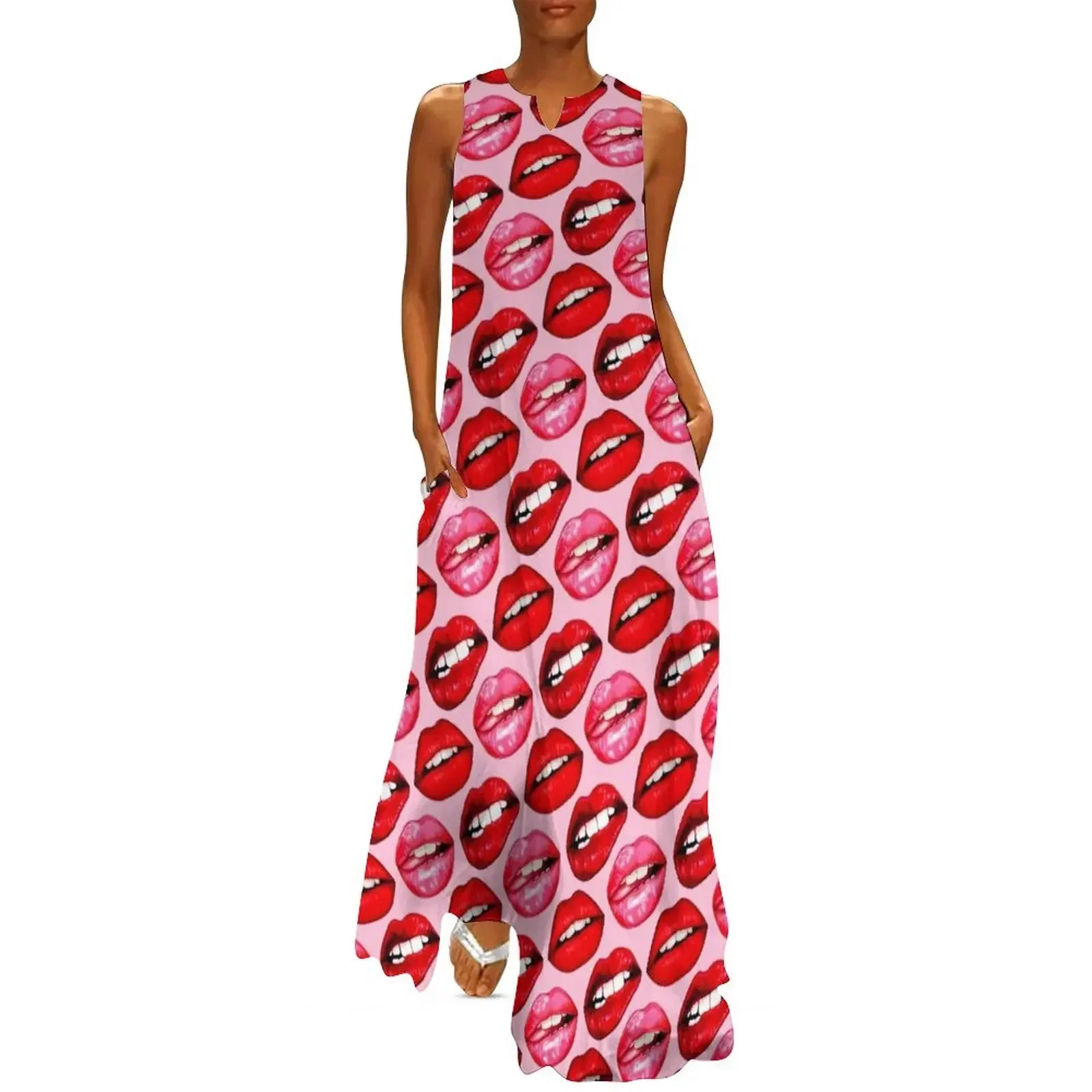 

Lips Pattern - Pink Long Dress chic and elegant evening dress women's evening dresses 2025 Casual dresses cocktail dresses Dress