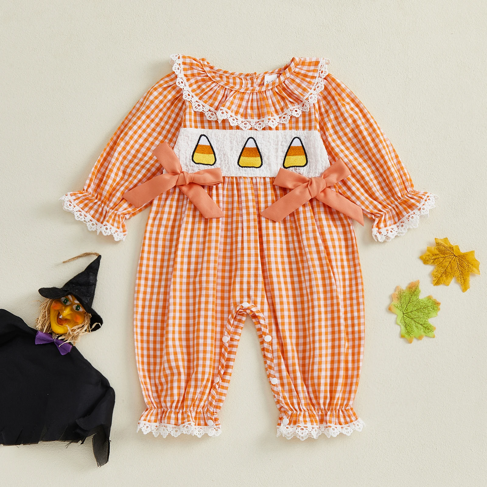 

VISgogo 0-18 Months Baby Girl Halloween Romper Embroideried Plaid Lace Trim Crew Neck Long Sleeve Jumpsuit for Fall