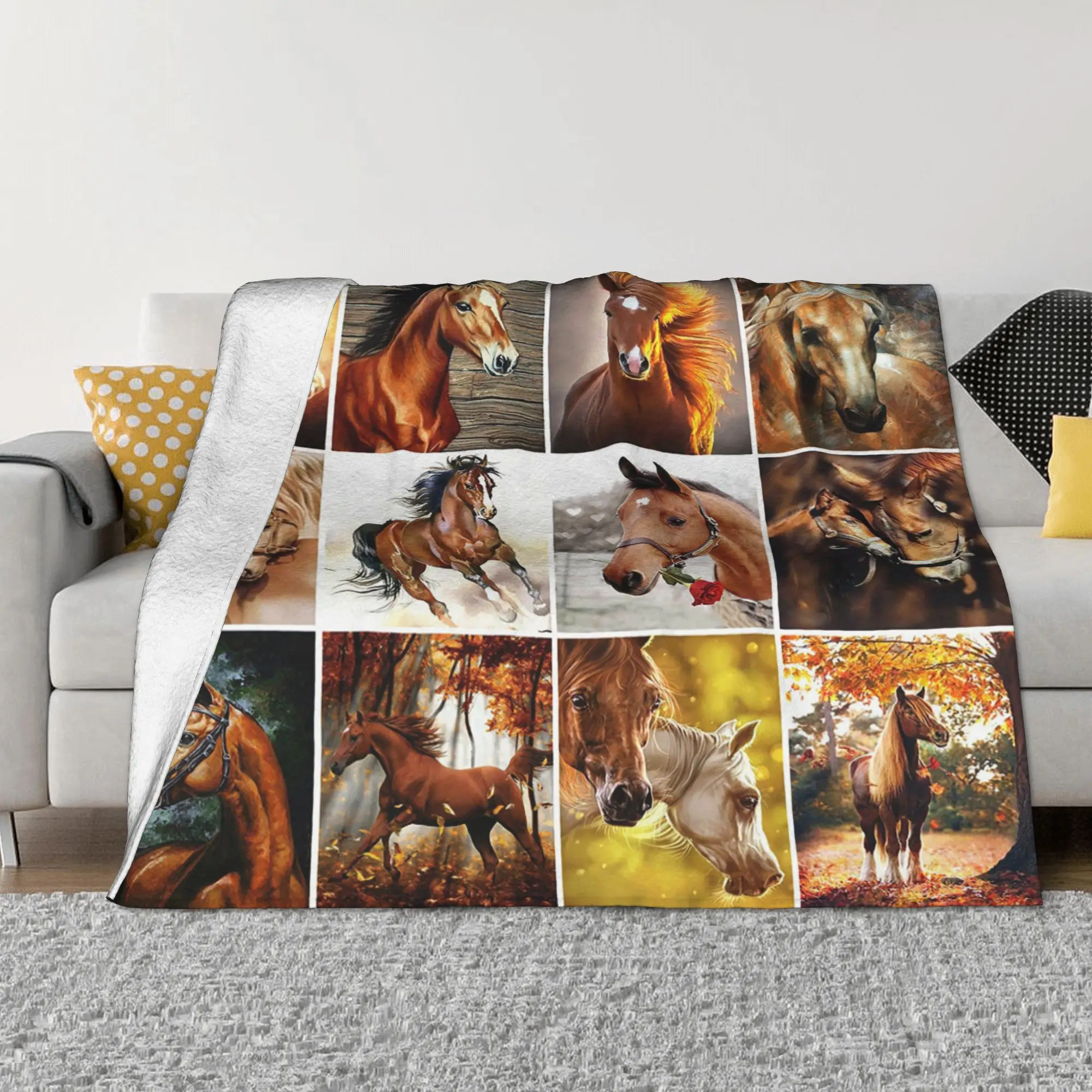 Horse Collage Knitted Blanket Galloping Animal Lovers Flannel Throw Blanket Bed Sofa Personalised Soft Warm Bedspreads