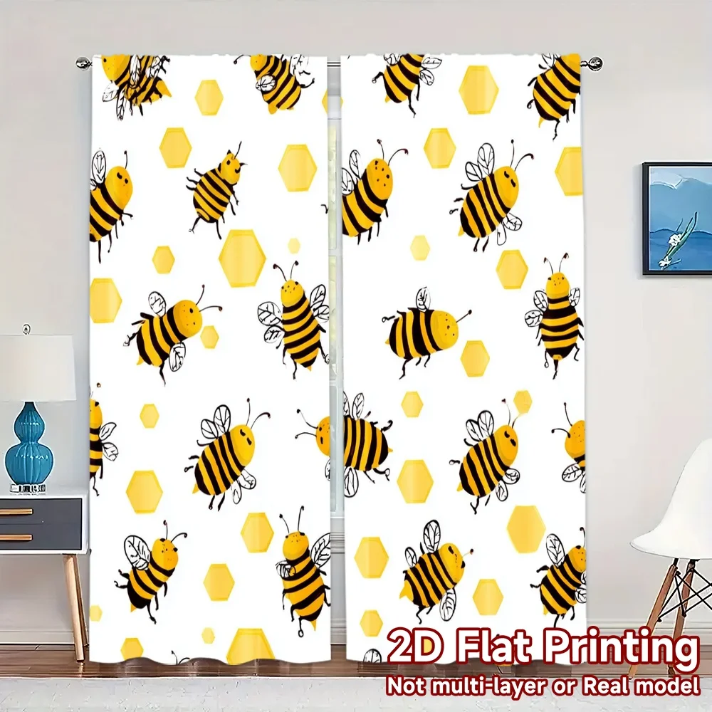 2pcs, 2D FLAT PRINTING Curtains (Without Rod) BeePattern Chic Curtains&Drapes Versatile Durable Polyester Curtains Home Decor