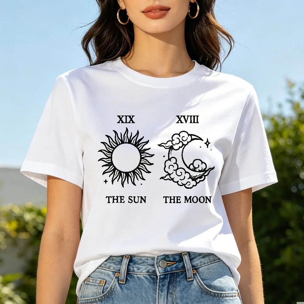 The Sun And Moon Graphic Tee Celestial Tarot Astrology Line Art Spiritual Witchy Unisex Cotton Shirt Retro Short-sleeve Shirt