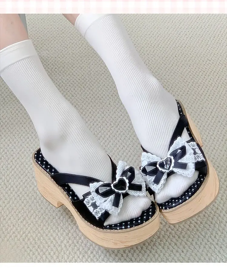 Sweet Bow Wood Grain Thick Bottom Platform Slippers Women Summer Japanese Cos Comfortable High Heeled Sandals