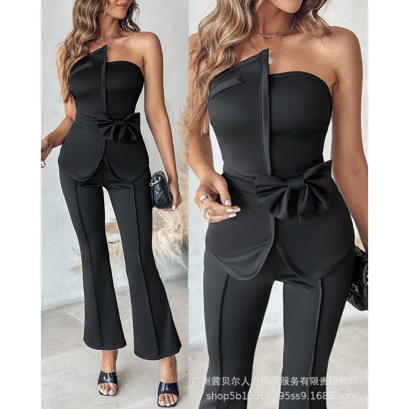 2024 Spring Summer New Women\'s Clothing Solid Color Tube-Top Slim Fit Top Suit Tight Bell-Bottom Pants 2-Piece Set