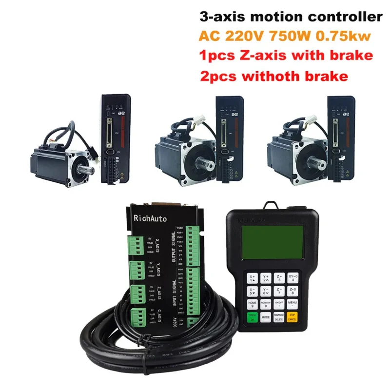 RichAuto DSP A11E CNC 3-Axis Motion Remote Controller AC 220V 750W 0.75Kw 2.39NM Multi-Turn Magnetic Servo Motor Driver Kit